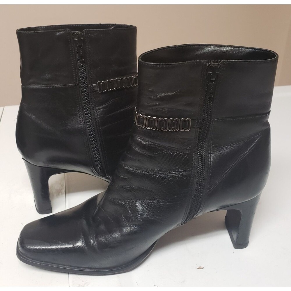 Women’s Black Leather Ankle Stiletto Boots w/ Jewel Accent Size 9.5 M PO Good